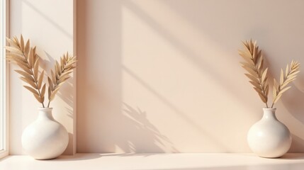 Aufkleber - Serene Minimalist Interior Decor with Dried Floral Arrangements in Elegant Vases on a Pale Neutral Surface Basking in Soft Sunlight