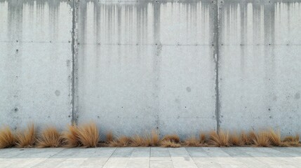 Poster - A Minimalist Composition Featuring a Weathered Concrete Wall and Dried Grass