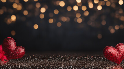 Wall Mural - romantic valentine's day background: two sparkling red hearts rest on a bed of dark glitter against 