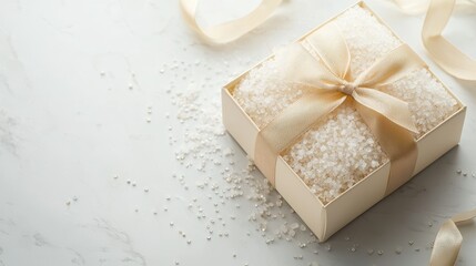 Wall Mural - A box of luxury bath salts with a ribbon tied around it, placed on a white countertop, on a white  background