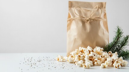 Wall Mural - A bag of gourmet flavored popcorn, with a rustic paper bag and twine, placed on a white surface, on a white  background