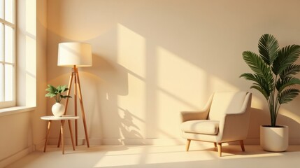 Aufkleber - Serene Room Interior Design Sunlight Illuminates Cozy Armchair, Side Table, Floor Lamp, and Potted Plant, Creating a Peaceful and Relaxing Atmosphere