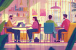 © Image Tree - An artistic rendition of individuals in a colorful coworking cafe environment with warm tones.