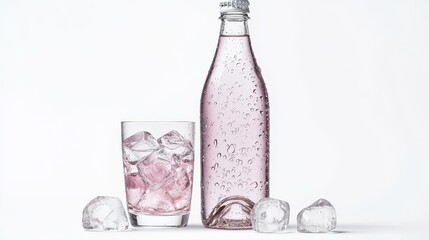 Wall Mural - A bottle of premium sparkling water with a clean design, placed next to a glass filled with ice, on a white background