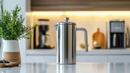 Poster - A premium stainless steel French press coffee maker, placed on a white kitchen countertop, on a white background