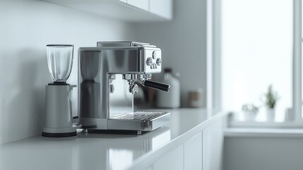 Wall Mural - A sleek, modern espresso machine with a shiny stainless steel finish, placed on a white kitchen countertop, on a white background