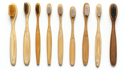 Wall Mural - A collection of eco-friendly bamboo toothbrushes, neatly arranged, on a white isolated background