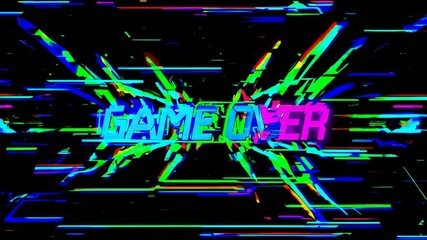 Poster - Retro game over screen with neon text on black background, glitch effect. Classic video game concept