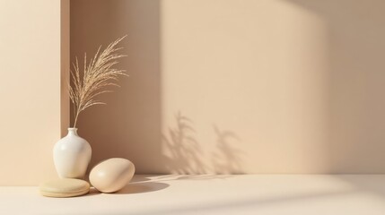 Poster - Simple beige minimalist still life featuring a vase, decorative grass, and smooth oval shapes