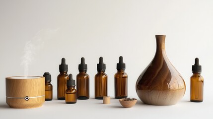 Wall Mural - A collection of essential oils in amber glass bottles, displayed with a diffuser beside them, on a white background