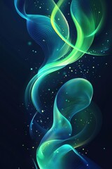 Wall Mural - abstract artwork with luminous green and blue flowing threads on dark background