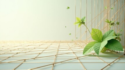 Aufkleber - Golden Grid and Vibrant Green Foliage A Study in Minimalist Botanical Design