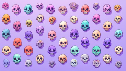 Colorful cartoon skulls pattern on purple background.