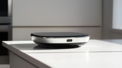 Poster - A sleek and modern kitchen scale, placed on a white countertop with a soft shadow, on a white background