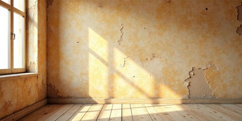 Aufkleber - Sunlit Room with Aged Walls and Wooden Floor, Showing the Beauty of Time and the Promise of Renewal