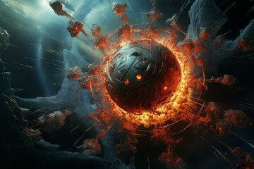 Wall Mural - Dramatic scene of a planet exploding, with debris and fire flying through space