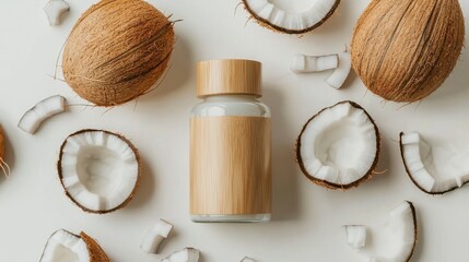 Wall Mural - A bottle of organic cold-pressed coconut oil, with a wooden lid, placed next to fresh coconut pieces, on a white  background