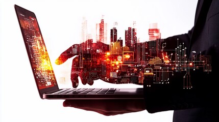 Hand interacting with digital city on laptop.