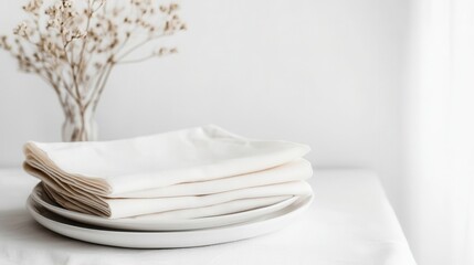 Wall Mural - A set of organic cotton napkins, neatly folded, on a white table, on a white  background