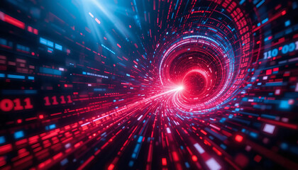 A vibrant abstract data tunnel filled with swirling binary code, enhanced by lens flares and depth of field effects, Generative AI.