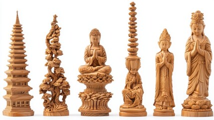 Wall Mural - A set of hand-carved wooden sculptures, placed on a white isolated background