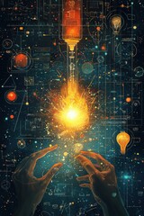 Canvas Print - Digital illustration featuring human hands, glowing energy, and technological diagrams