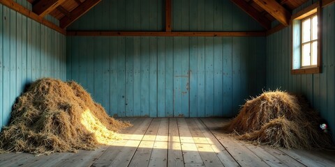 Aufkleber - Rustic wooden interior with hay bales bathed in sunlight illuminating the aged wooden floor