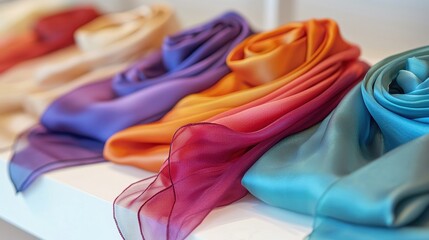 Wall Mural - A collection of luxury silk scarves, displayed on a white table with soft lighting, on a white isolated background