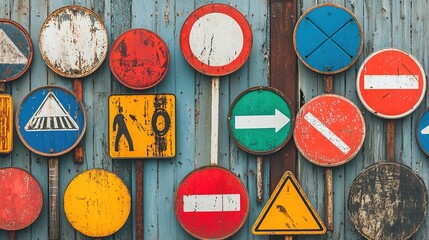 Diverse traffic signs displayed on weathered wall urban area photography outdoor eye-level visual communication