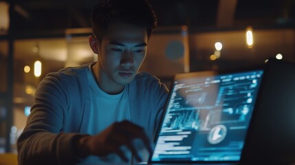 Asian man programmer looking and touching on screen laptop to typing code data with keyboard about website or applications while working hard for new project in software development office