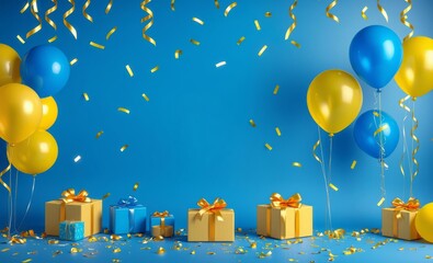 Wall Mural - Celebration blue background with yellow - blue gold balloons gifts and confetti balloon background balloon background party holiday celebration decoration