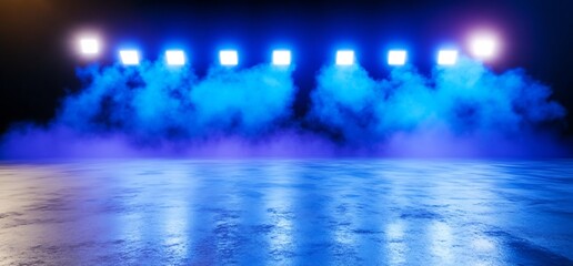 Poster - Blue stage lights, smoky floor, dark background; event backdrop