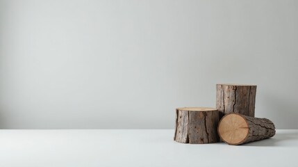 Poster - Rustic Wooden Slices Arranged on a Plain White Surface Against a Neutral Background, Ideal for Product Display or Minimalist Composition
