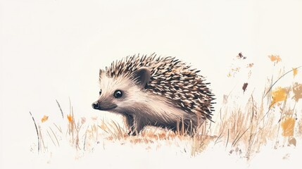 a hedgehog walking across a patch of grass, with its spiny back visible, on a white isolated backgro