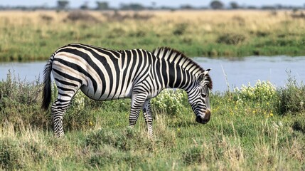 Wall Mural - A majestic zebra grazing in a field, with its black and white stripes visible