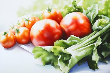 Freshly picked red tomatoes and crisp green lettuce arranged on a white surface, radiating vibrant colors and natural freshness in a soft, artistic style