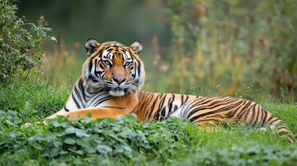 Wall Mural - A Siberian tiger resting in the grass, with its orange and black stripes contrasting against the green, on a white background