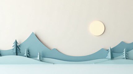 Poster - Serene Winter Landscape with Papercut Mountains and Trees Under a Softly Lit Moon