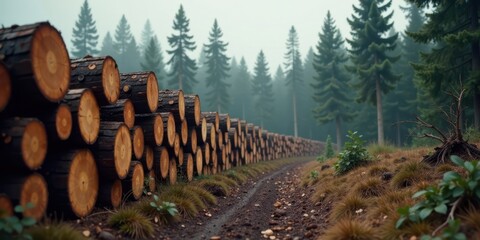 Aufkleber - A misty forest path lined with neatly stacked timber logs, showcasing the natural beauty and resourcefulness of the woodland
