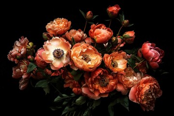 Wall Mural - Vibrant bouquet of peonies and anemones on a dark backdrop