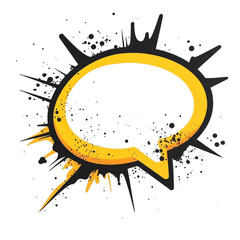 Wall Mural - A stylized yellow speech bubble with black splatter and droplets forming an abstract design.