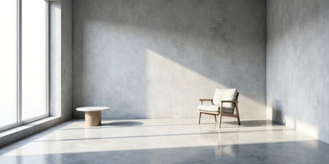 Poster - Minimalist Room Interior Design  Sunlight Illuminates a Modern Chair and Side Table in a Spacious Concrete Room with a Large Window