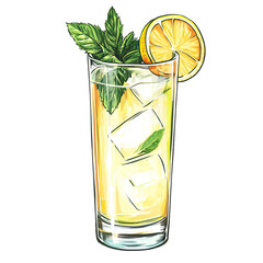 Wall Mural - Lemonade, Served in a Tall Glass With Mint Leaves. Isolated on a Transparent Background. Cutout PNG.