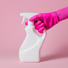 Pink gloved hand holds a white spray bottle against a pink background. Cleanliness, hygiene, and household chores.