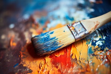 Oil painting brush with blue paint lying on colorful artist's palette, showcasing the beauty of oil colors and artistic creation