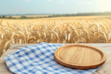 Wall Mural - Empty, beautiful wooden tabletop counter in a clean and bright wheat field background, ready to display a wooden plate with a blue gingham fabric cloth for a product mockup presentation environment,