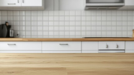 Wooden light empty table top in modern white kitchen, kitchen panel in interior