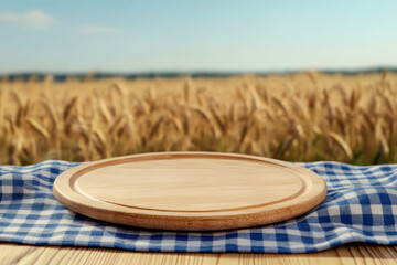 Wall Mural - Empty, beautiful wooden tabletop counter in a clean and bright wheat field background, ready to display a wooden plate with a blue gingham fabric cloth for a product mockup presentation environment,