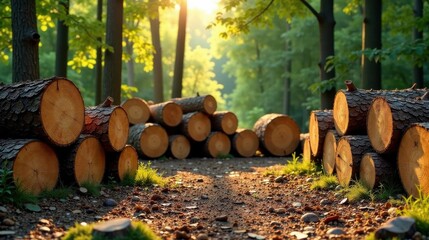 Aufkleber - Forest Path Illuminated by Golden Sunlight, Featuring Stacks of Freshly Cut Logs