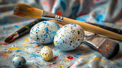 messy but artistic arrangement of half-dyed Easter eggs, splattered paint, and brushes, on blue background with a vibrant spring feel